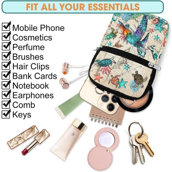 Sea Turtle Map Water-Resistant Canvas Crossbody Phone Bag with Adjustable Strap - Picture 5 of 8